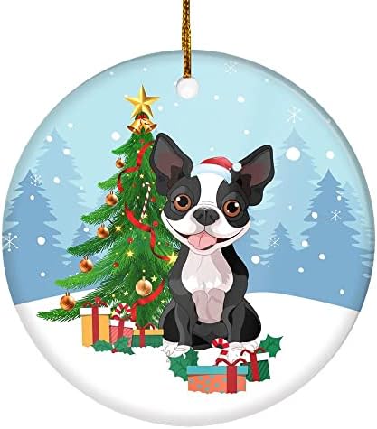 Teesnow Среќен новогодишно елка Бостон Териер Божиќ и кучиња подарок за loversубители на кучиња, украсен украс за украси, бел 150