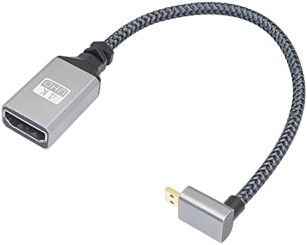 Riieyoca 4K Micro HDMI to HDMI адаптер кабел, 90 степени надолу под агол микро HDMI машки до HDMI Femaleенски алуминиум Краток најлонски кабел за плетенка, поддршка 4K UHD, за лаптоп, ТВ, кам