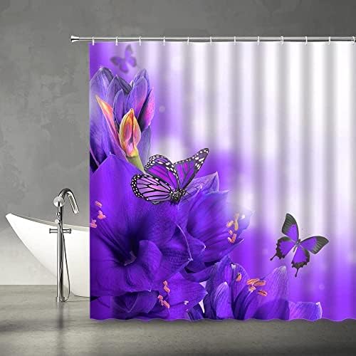 Пролет грејс Виолетова Пеперутка Со Цвеќиња Туш Завеса Во собата Со Килими Декоративни Бања Завеси Во Собата Со Куки, Модерен Водоотпорен