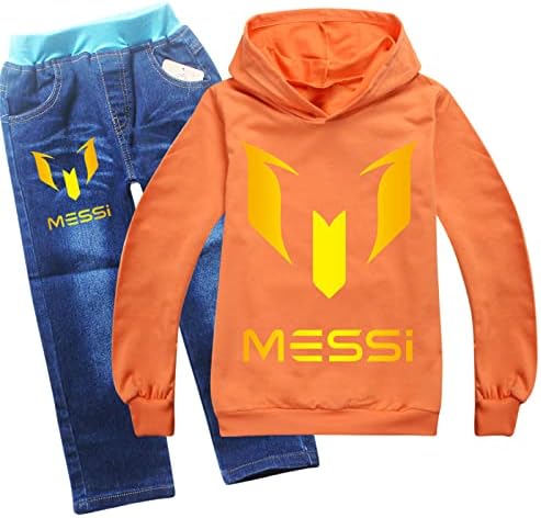 Waroost Boys Messi 2 Piece Casual Outfit Повлечете ја худи, долги ракави со качулка+костум за фармерки за деца, тинејџери