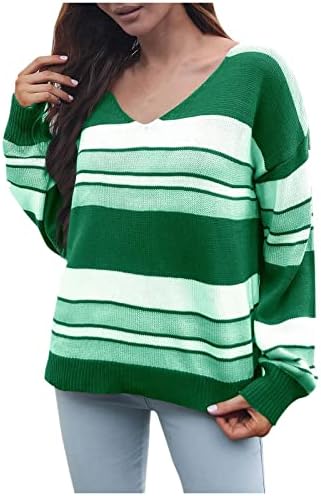 Женска есенска облека мода лабава лента градиент v-врат џемпери со џемпери со долг ракав