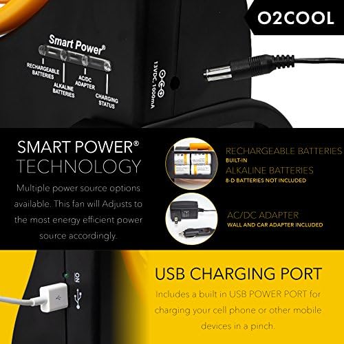 O2Cool 10 -инчен батерија управувана со батерија - Преносен со внатрешна батерија што може да се надополнува, повеќе опции за напојување - адаптер