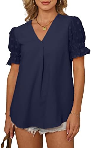 Тинејџерска девојка кратки кошули со bellвонче за ракави лабави вклопени маици со блуза длабоко v вратот шифон бренд обичен летен есен