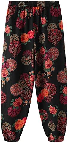 Panенски гроздобер панталони за постелнина, дами летни палацо панталони цветни печати бохо панталони со висока еластична широка нога долги