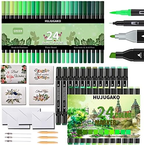 Зелени маркери, 48 Зелено пенкало за цртање со боја со 24 парчиња двојни совети пенкала со 24 компјутерски маркери за алкохол за
