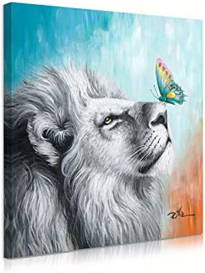 Платно wallидна уметност бел лав и шарена пеперутка уметничка сликарство за животни апстрактни слики печати giclee wallид декор за спална соба