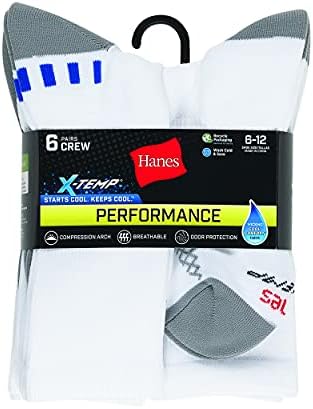 Hanes Mens X-Temp Crew 6-Pair пакет, достапен во чорапи со големи и високи перформанси, пети на бела/сива потпетица, 12-јуни САД