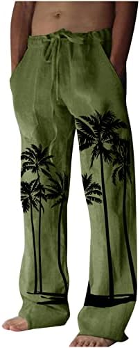 Машки памучни постелнини панталони летни буги џебови Еластични панталони за влечење на половината, обични лесни меки панталони