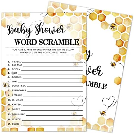 Yuansail Word Scramble Baby Thourse Game, родова откривање на партиски материјали, украси за забава со пчели, - 30 картички за