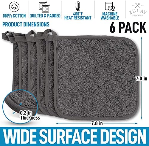 Зулај 6 -пакувања држачи за тенџере за кујна отпорен на памук - 7x7 инчен топол тенџере сет - ватирана териска ткаенина за кујни - Подлога