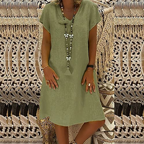 Womenенски обичен летен фустан, цврст краток ракав против вратот, проточен лабав фустани со џебови памук и постелнина фустан