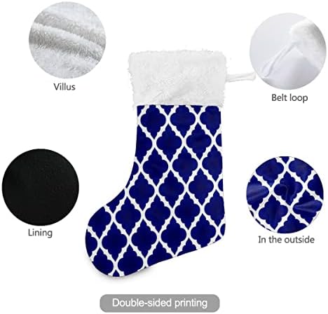 Божиќни чорапи модерна бела мароканска геометриска шема сина бела плишана манжетна мерцеризирана кадифена семејна празник персонализиран