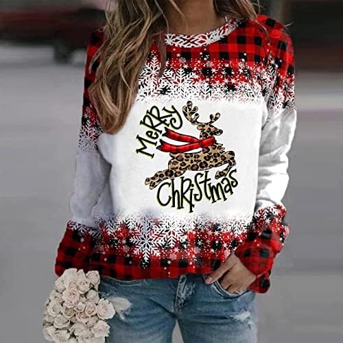 Грд Божиќен џемпер за жени кошули со долги ракави лабави џемпери на екипажот карирани снегулки лак од виножито маица