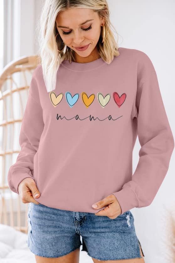 Sfhfy Mama Sweatshirtените жени екипаж на екипажот на срцето графички пуловер врвен буква за печатење каузална кошула со долг ракав