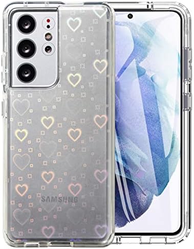 Хенсинпле Случај За Samsung Galaxy S21 Ултра, Случај За Samsung S21 Ултра Љубов Јасен Холографски Сјај На Срцето Симпатична Футрола