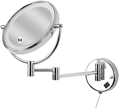 Декика за бања, суета огледало со светла за wallид за шминка, монтиран со 5x зголемување, 360 ° вртење и проширување, за хотели за бања,