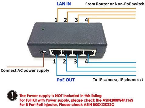 Adapter на ICReatin 4-Port POE преку адаптер за инјектор на Ethernet за IP камера, точки за пристап и многу повеќе; Користете со надворешно