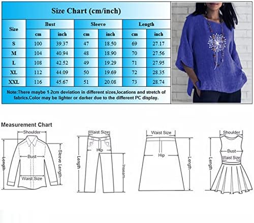 Постелни врвови за жени, Цветни шема за печатење на екипаж 3/4 ракав лабави постелнина врвови секси кошули за жени