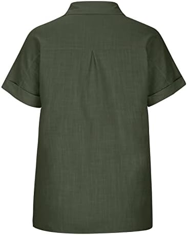 Копче за женски плус големина надолу со кошула со двојна памучна постелнина краток ракав лабава работа обична блуза формална канцеларија