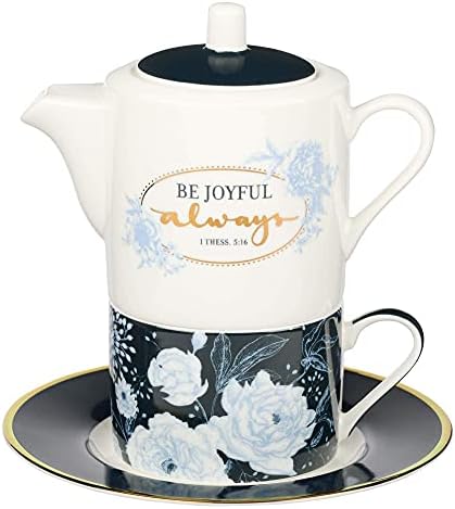 Керамички чајник сет да биде радосен секогаш 1 Солунјаните 5:16 Цвеќиња чај за еден сет со чаша чај и чинија за жени