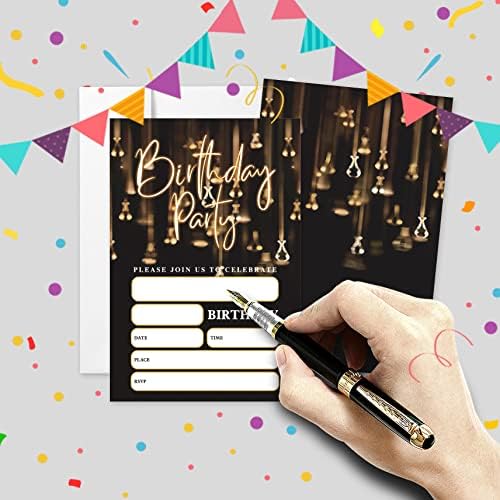 АЕХИ 20 Поставува Неонски Покани За Роденденска Забава Со Пликови, Црна Со Златни Светла Двострана Печатена Покана За Роденденска Забава