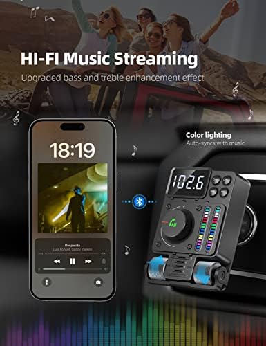 Нулакси 2023 Надграден Bluetooth V5. 3 CAR FM Предавател, Treble и Bass Прилагодлив Звучен Музички Плеер, QC3. 0 Брз Полнач За Автомобили,