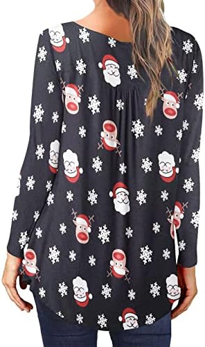 Долги ракави на жените Хенли маички Божиќно копче надолу блуза лабава вклопена туника врвови Божиќни гроздобер печатен пулвер