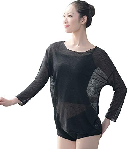 Loodga Women'sенска чиста мрежа Види преку кошули Блуза со долги ракави за џога кошула балетски танцување врвови со активна облека