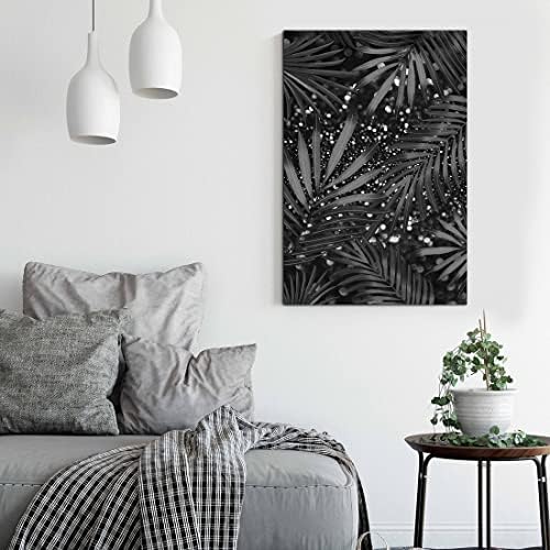 Qtespii црно -бели тропски растенија wallидни уметности палми лисја постелнина за печатење слики за дневна соба декор природа ботаничко