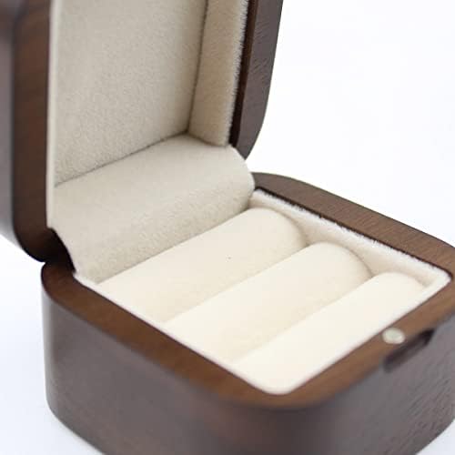 Рустикален плоштад орев двојка ringsвони кутија за свадба со ангажман со 2 слотови беж кадифе, дрвена кутија за двојни прстени двојни прстени