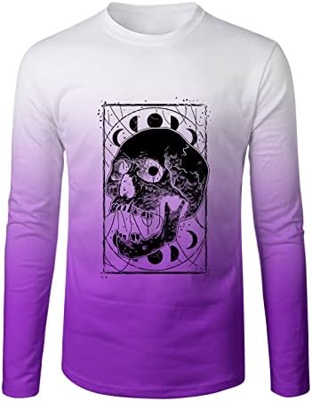 XXBR машки маици за Ноќта на вештерките со долги ракави на сите светци на черепот печатење градиент маица мускул тенок фит забава,