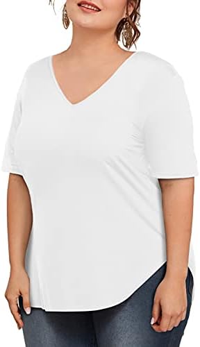 Аморету Жени Плус Големина Блузи В-Вратот Краток/Долг Ракав Маица Обична Блуза