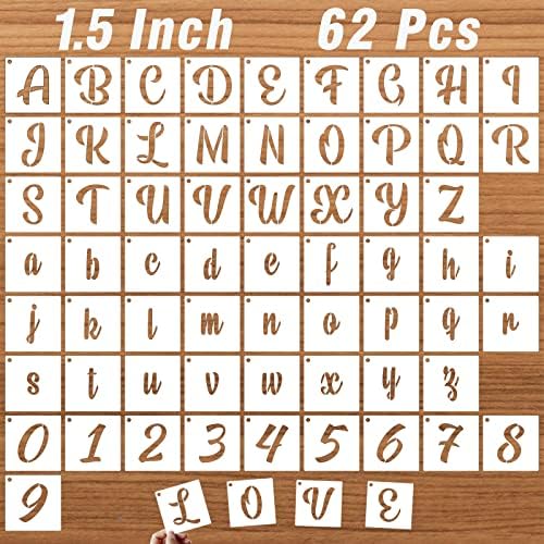 1,5 инчи букви матрици за сликање на дрво, 62 парчиња калиграфија матрици и матрици за броеви, матрични букви од горниот и малиот,