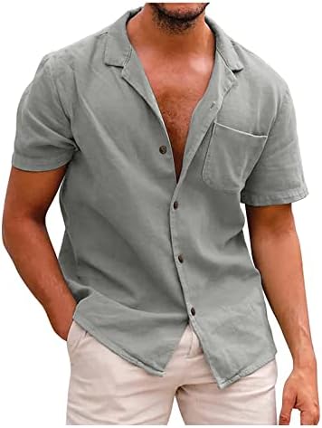 Машки памучни постелнина кошули 2023 лето трендовски цврста боја на обична боја надолу со џебови удобни врвови за кратки ракави