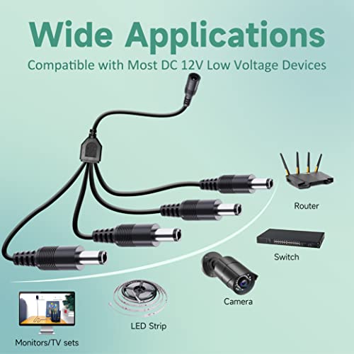 OxzeeWee 2 пакет од 1 до 4 пат DC кабел за сплитер на напојување, 1 женски до 4 машки DC црна моќност y адаптер кабел со приклучок за