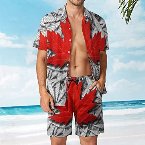 Канада плевел јавор со знаме за машки хавајски кошули со кратки ракави со кратки ракави и панталони летни облеки на плажа лабава