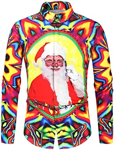 Божиќни кошули за мажи, смешни 3Д Божиќ Дедо Мраз печатени врвови на врвови со долги ракави со должина на забавата на забавата, случајна