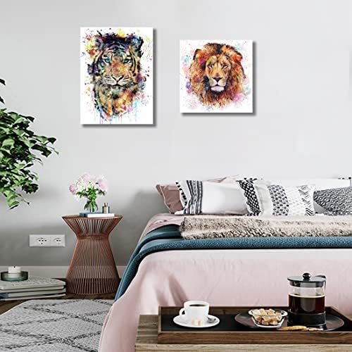 Животински животински лав лав платно wallиден декор, акварел лав постери слики, модерна врамена шарена прскање-мастило уметнички декор за дневна