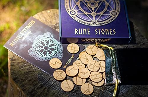 Wiccstar Rune Stones поставени со брошура за настава за почетници и кадифена торбичка. Викинг нордиски руни