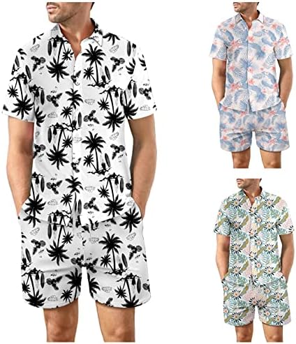 Мажи 2 парчиња цветна кошула Хавајски поставува случајно копче надолу со кошула со краток ракав и шорцеви за влечење со џебови