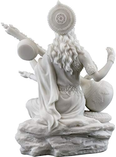 Врвна колекција Статуа на Сарасвати- Хинду божица на знаење, музичка и уметничка скулптура во бел мермер финиш- фигура од 5,75 инчи
