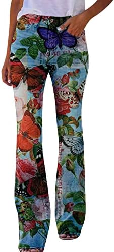 Огнено панталони со високи половини за жени плус големина на патент Цветоно печатено дно, панталони со широки панталони со џебови со џебови