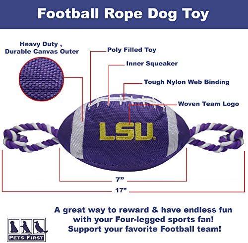 Миленичиња прва NCAA LSU Tigers Football Dog Toy, тешки квалитетни најлонски материјали, силни влечни јажиња, внатрешен пискач, боја на