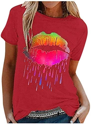 Женски маички за печатење на усни, симпатични графички маички кратки ракави летни врвови на врвови
