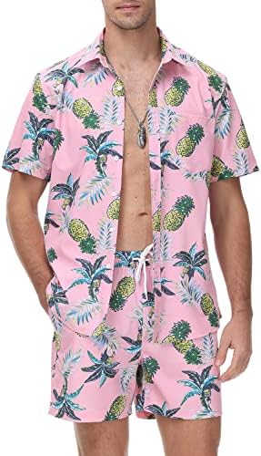 ТБМПОЈ Менс цвет Хавајски кошули и шорцеви Обични копчиња надолу со кошули со кратки ракави од летни облеки на плажа