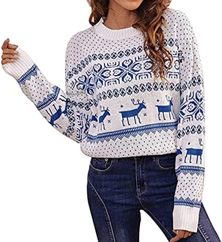 Божиќни џемпери за жени со долги ракави на екипажот на вратот на вратот, испечатени топли врвови, случајни есен, исечени џемпери с.