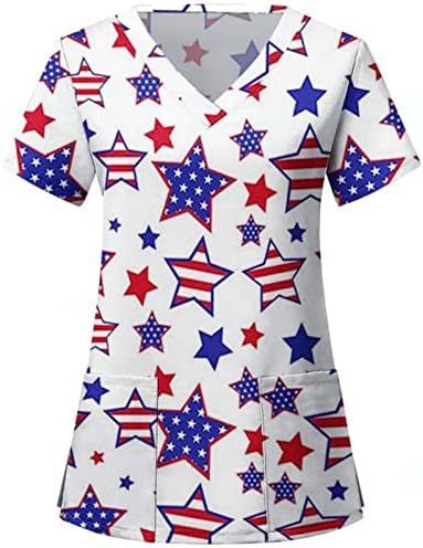 4 -ти јули кошули за жени во САД знаме лето кратки ракави против вратот со 2 џебови блуза врвна празнична обична работна облека