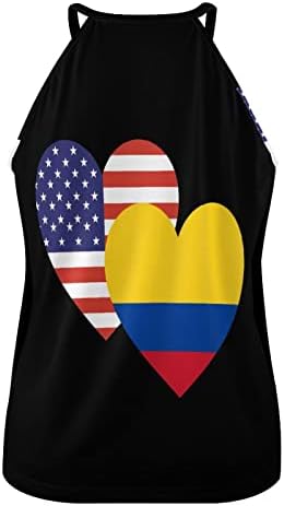 Колумбија Американско Срце Знаме Женски Резервоар Врв Кружен Врат Секојдневен Елек Без Ракави Врвови На Кошули