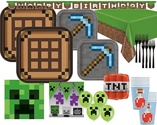 Party Minecraft обезбедува пакет со плочи, салфетки, вилушки, чаши, покритие на маса и украси за 16 гости