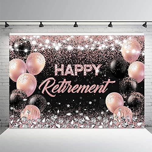 Mehofond Среќна пензија за забави за позадина розово злато и лизгање честитки за пензионирање на фотографијата позадина Фото сјај балони торта